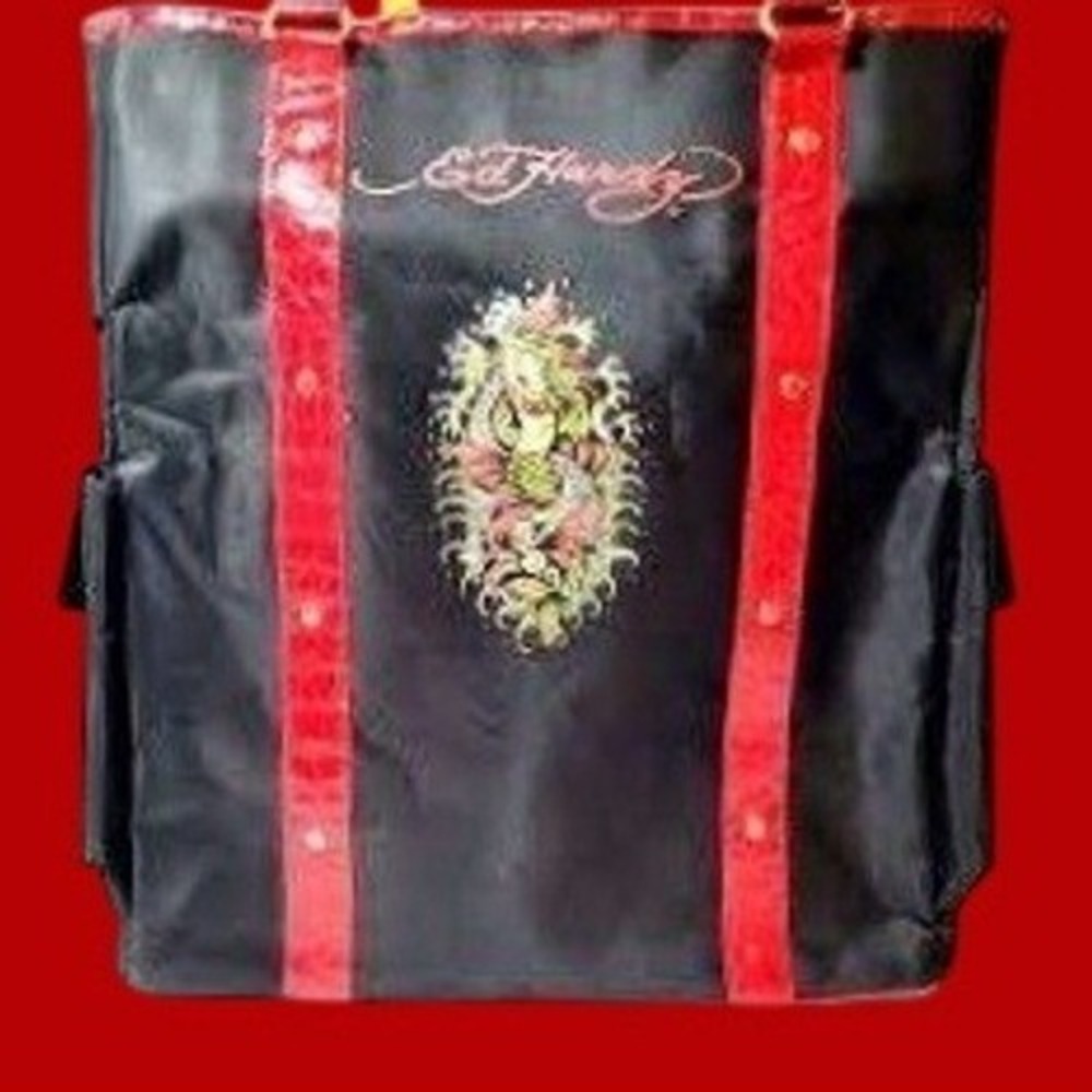 Ed Hardy Mermaid Hand Bag Black Red Faux Croc Trim Nylon Tote Side Pockets NWT